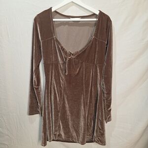 Brown Velour Y2k 90s Mini Dress With Neckline Tie Size XL Fairycore Witch